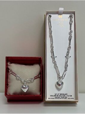 NWT House of Harlow 1960 Silver-Tone Heart Charm Chain Necklace & Bracelet Set